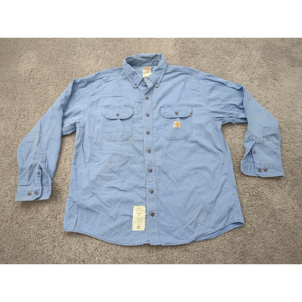 Carhartt Button Up Shirt Mens XL Blue‎ Long Sleeve Fire Resistant Workwear #3